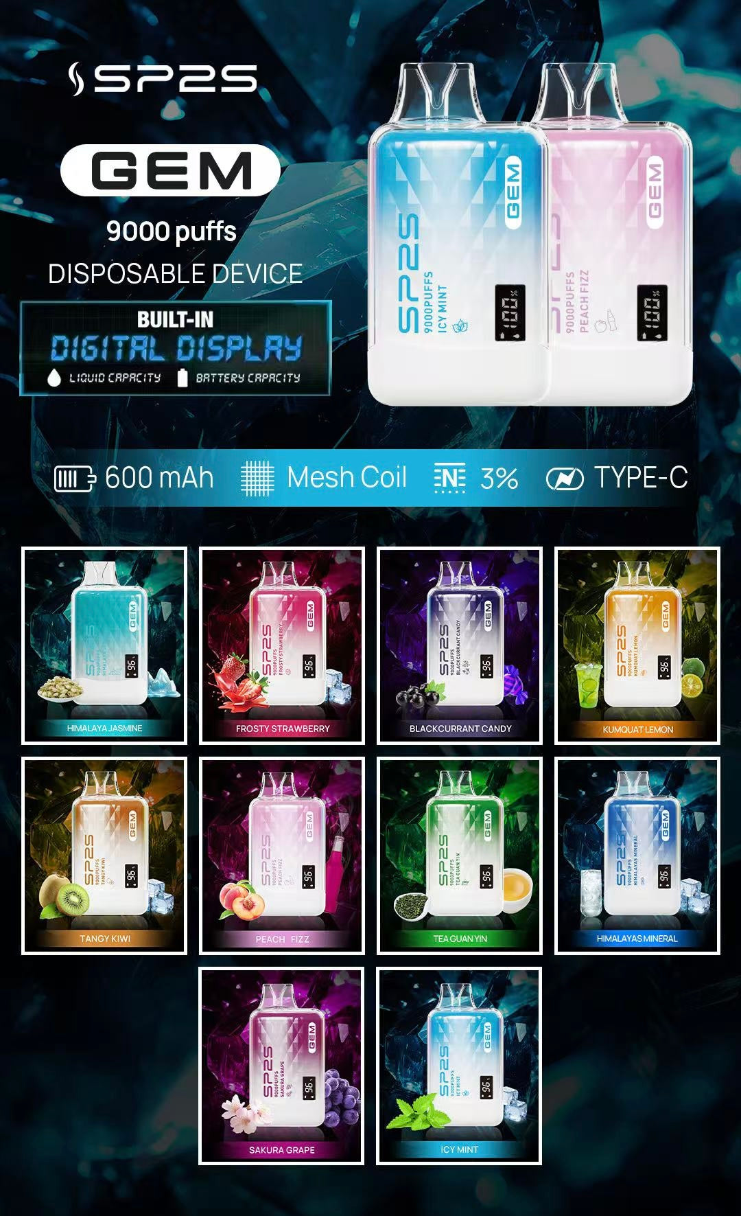 SP2S 思博瑞 9000 Puffs 拋棄式電子煙|大容量續航 Mesh Coil 網狀霧化芯|Type-C快充智能顯示一次性主機-VAKA糖果雲煙館