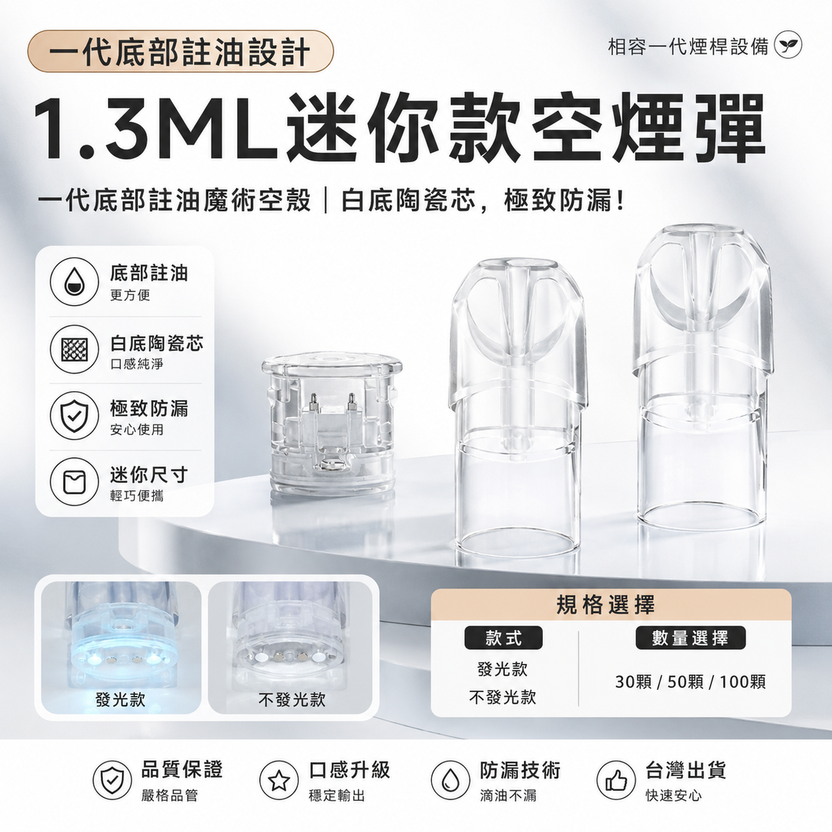 【1.3ML迷你款空煙彈】一代底部註油魔術空殼｜白底陶瓷芯，極致防漏！發光款/不發光款-台灣現貨秒發